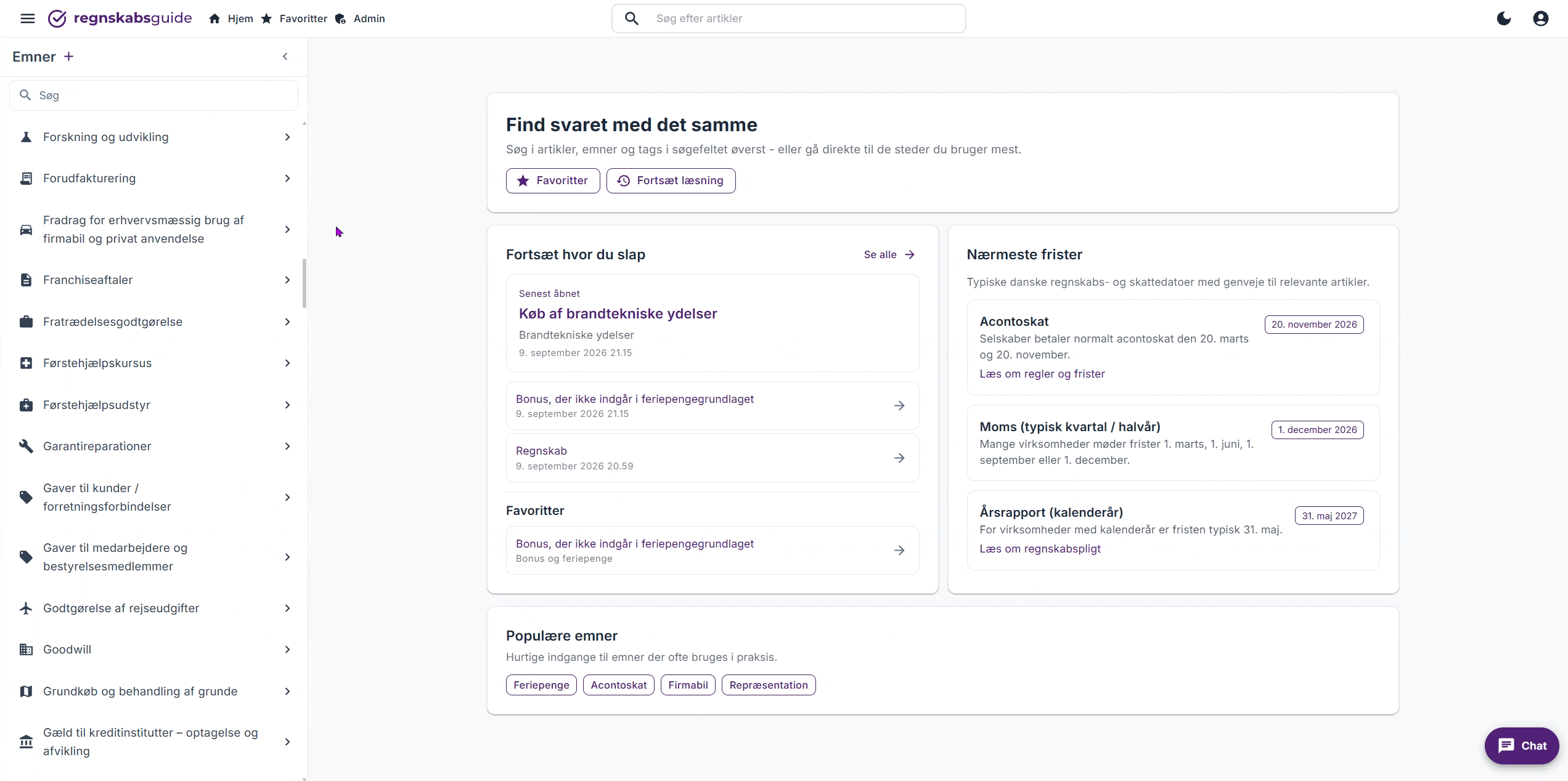 Walkthrough of the Regnskabsguide portal: browsing the topic list and opening an article with its account, VAT code and tax treatment