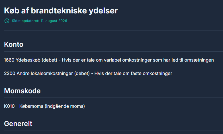 Et emne i guiden: kontonumre, momskode og dato for seneste opdatering